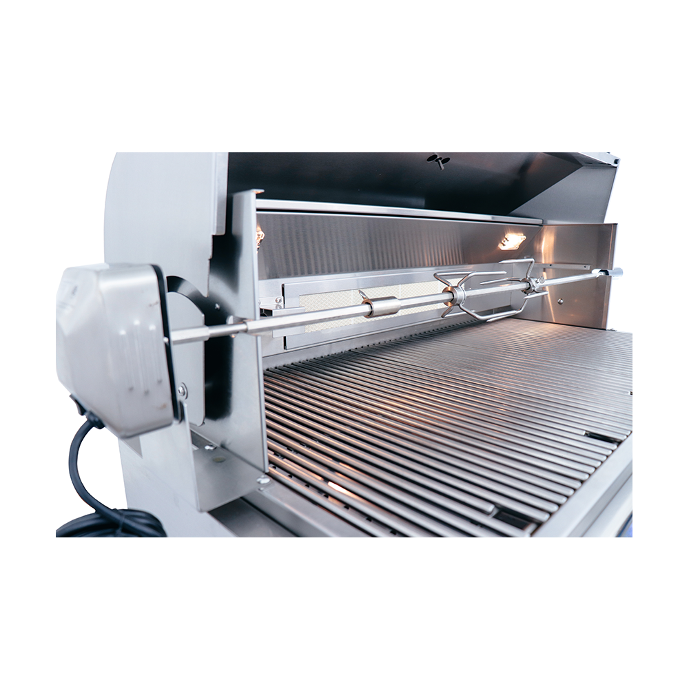 Outdoor setup featuring the RCS Cutlass Pro 38" Built-In Grill with side burners and ambient lighting.