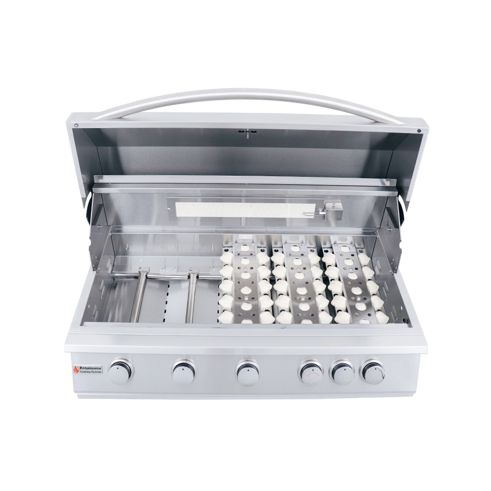 Close-up of RCS 40" Premier Drop-In Grill control knobs and Sure-Strike ignition system for easy grilling adjustments.
