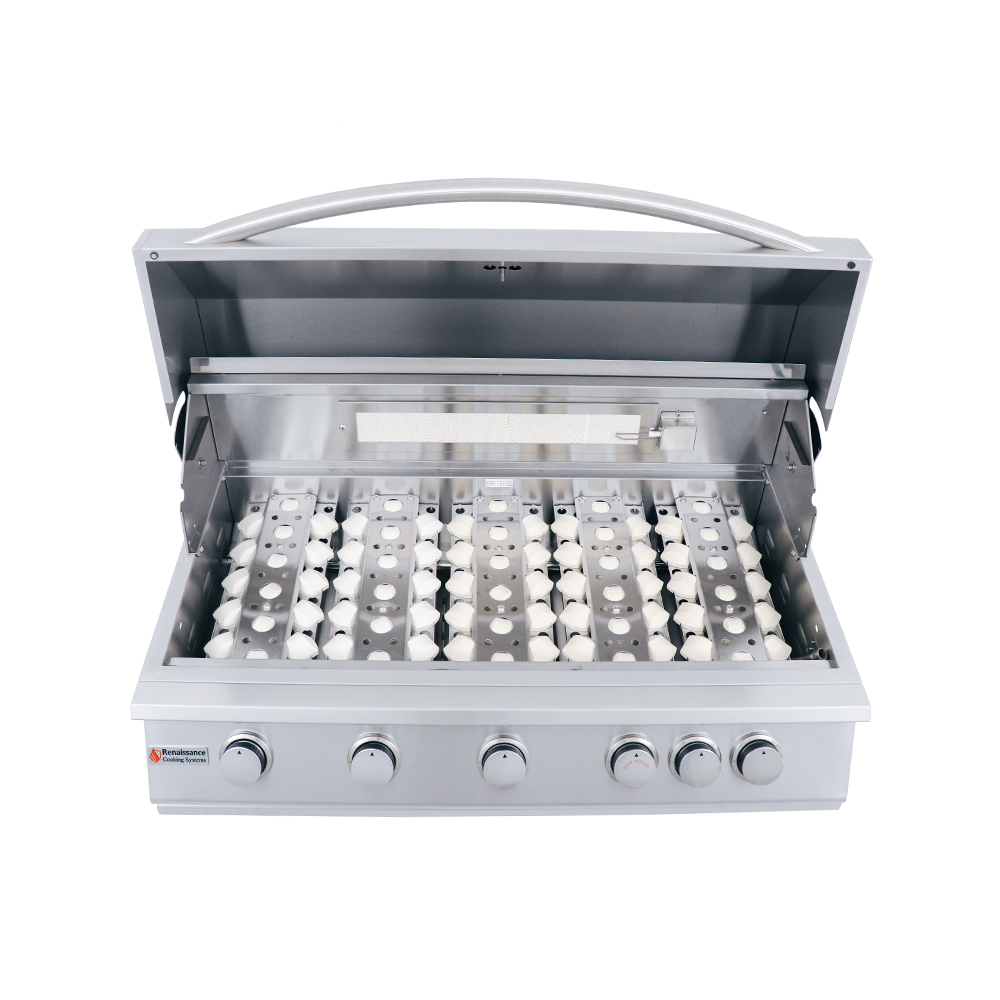 RCS 40" Premier Drop-In Grill showcasing its sleek stainless steel design and five powerful burners for outdoor grilling.