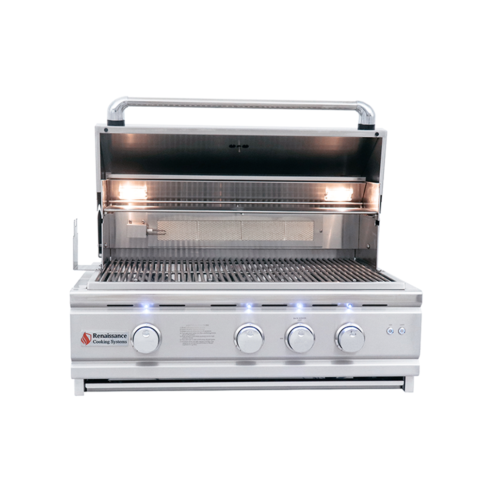 RCS 30" Cutlass Pro Built-In Grill in action, demonstrating its infrared rotisserie burner and illuminated control knobs.