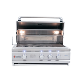 RCS 30" Cutlass Pro Built-In Grill in action, demonstrating its infrared rotisserie burner and illuminated control knobs.