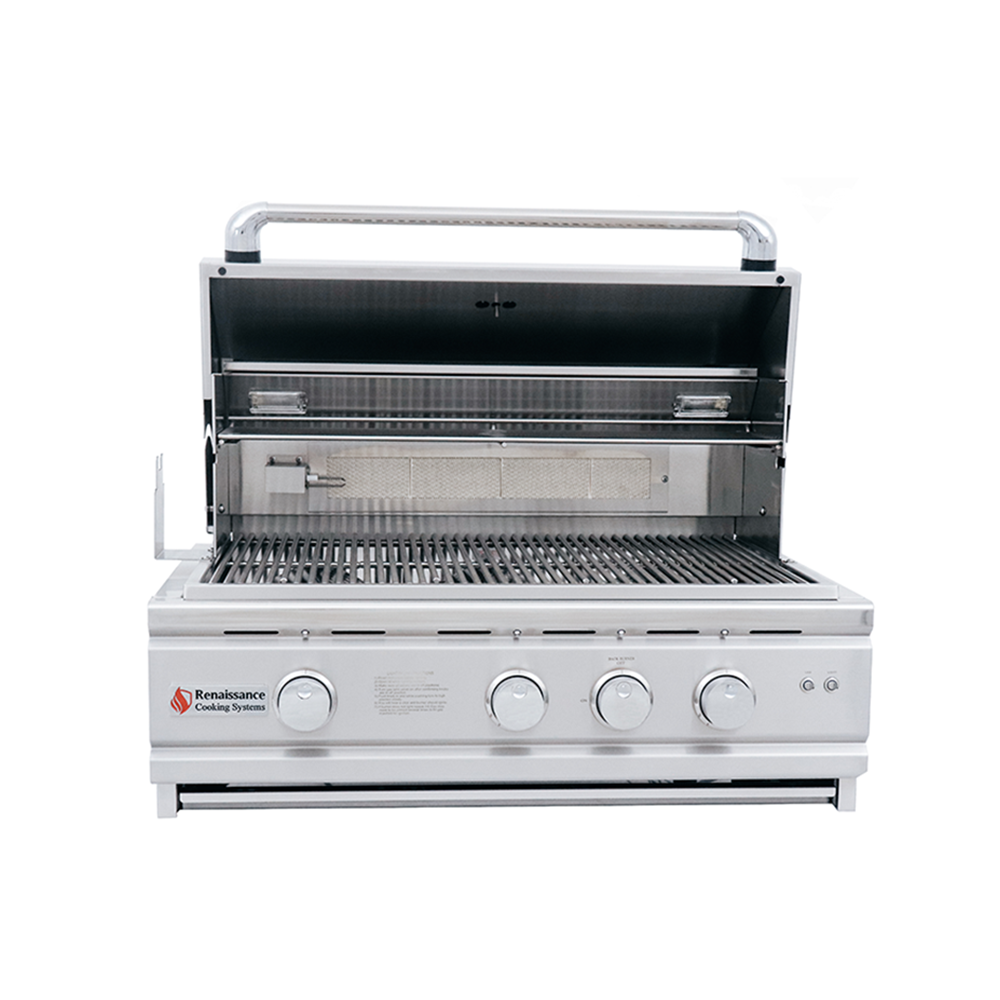 RCS 30" Cutlass Pro Built-In Grill featuring a ceramic infrared back burner and modern blue LED control knobs.