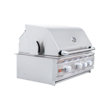 Close-up of RCS 30" Cutlass Pro Built-In Grill featuring cast stainless steel cooking grids and briquette trays.