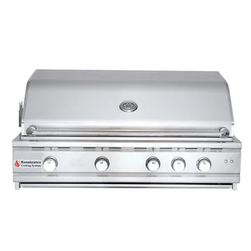Image of the RCS 42" Cutlass Pro Freestanding Grill Cart with illuminating blue LED control panel lights and dual internal halogen lights for nighttime grilling.
