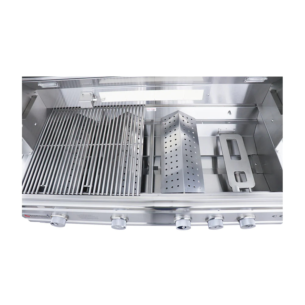 Close-up view of the RCS 42" Cutlass Pro Freestanding Grill Cart, highlighting the ceramic infrared back burner, rotisserie kit components, and stylish stainless steel finish.