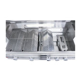 Close-up view of the RCS 42" Cutlass Pro Freestanding Grill Cart, highlighting the ceramic infrared back burner, rotisserie kit components, and stylish stainless steel finish.