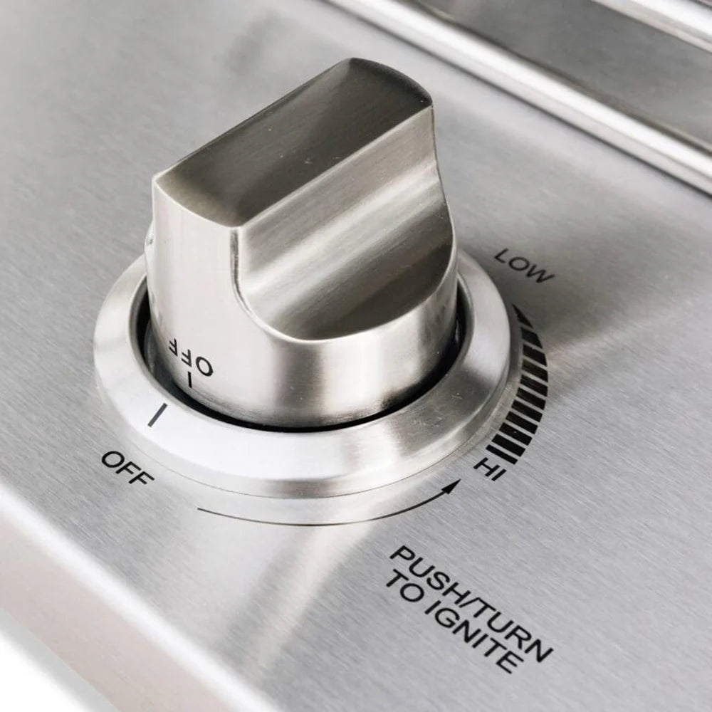 Close-up of a Summerset side burner stainless steel control knob marked OFF, LOW, and HI with push-turn-to-ignite text