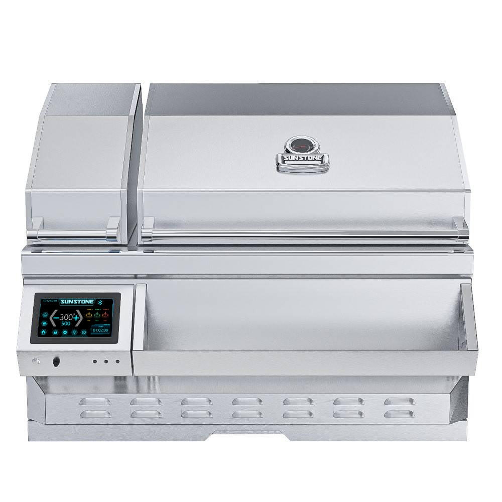 Sunstone 40” Electric Pellet Built-In Grill with Cold Smoker featuring sleek stainless steel design for premium outdoor cooking.