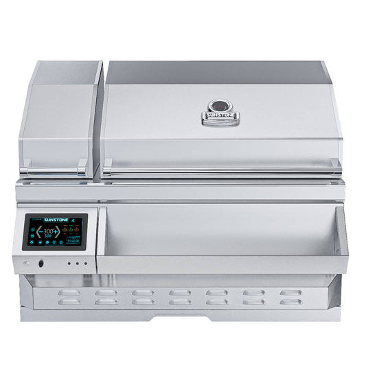 Sunstone 40” Electric Pellet Built-In Grill with Cold Smoker featuring sleek stainless steel design for premium outdoor cooking.