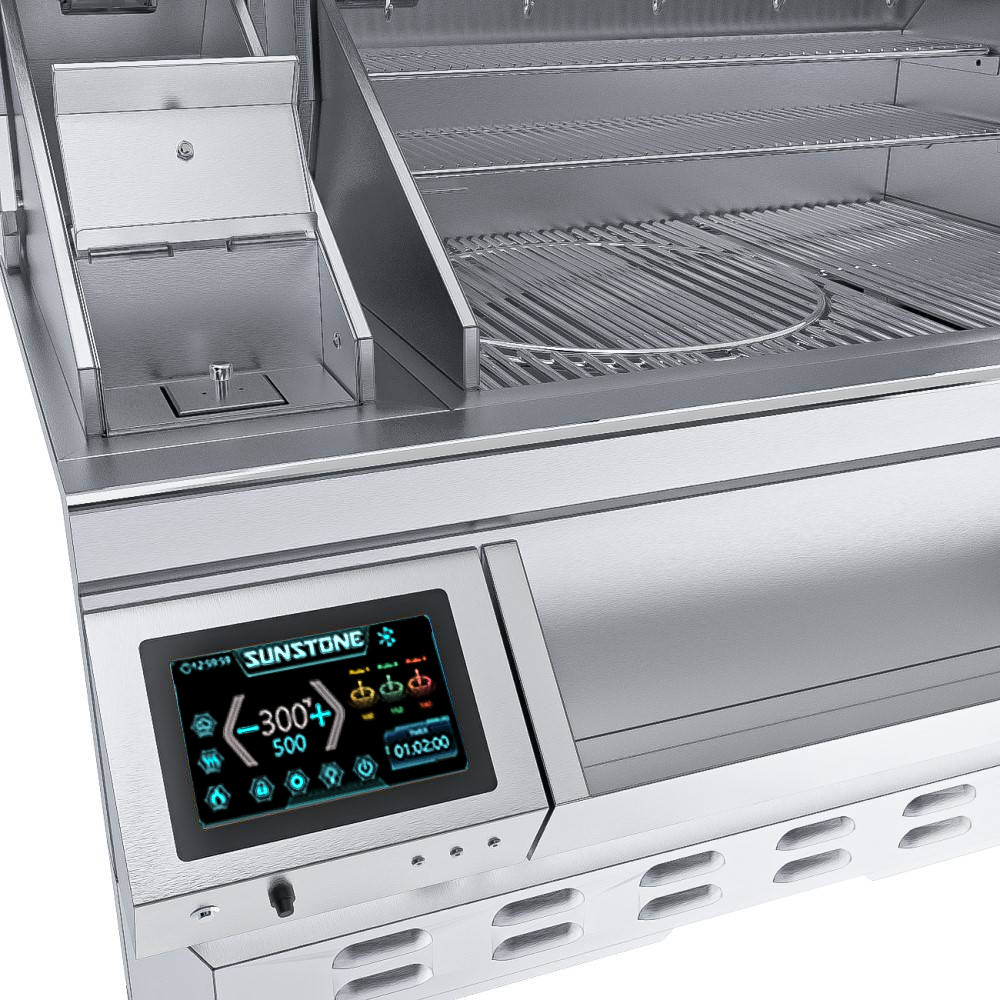 Close-up of Sunstone 40” Pellet Built-In Grill showcasing the adjustable flame broiler for high-heat searing.
