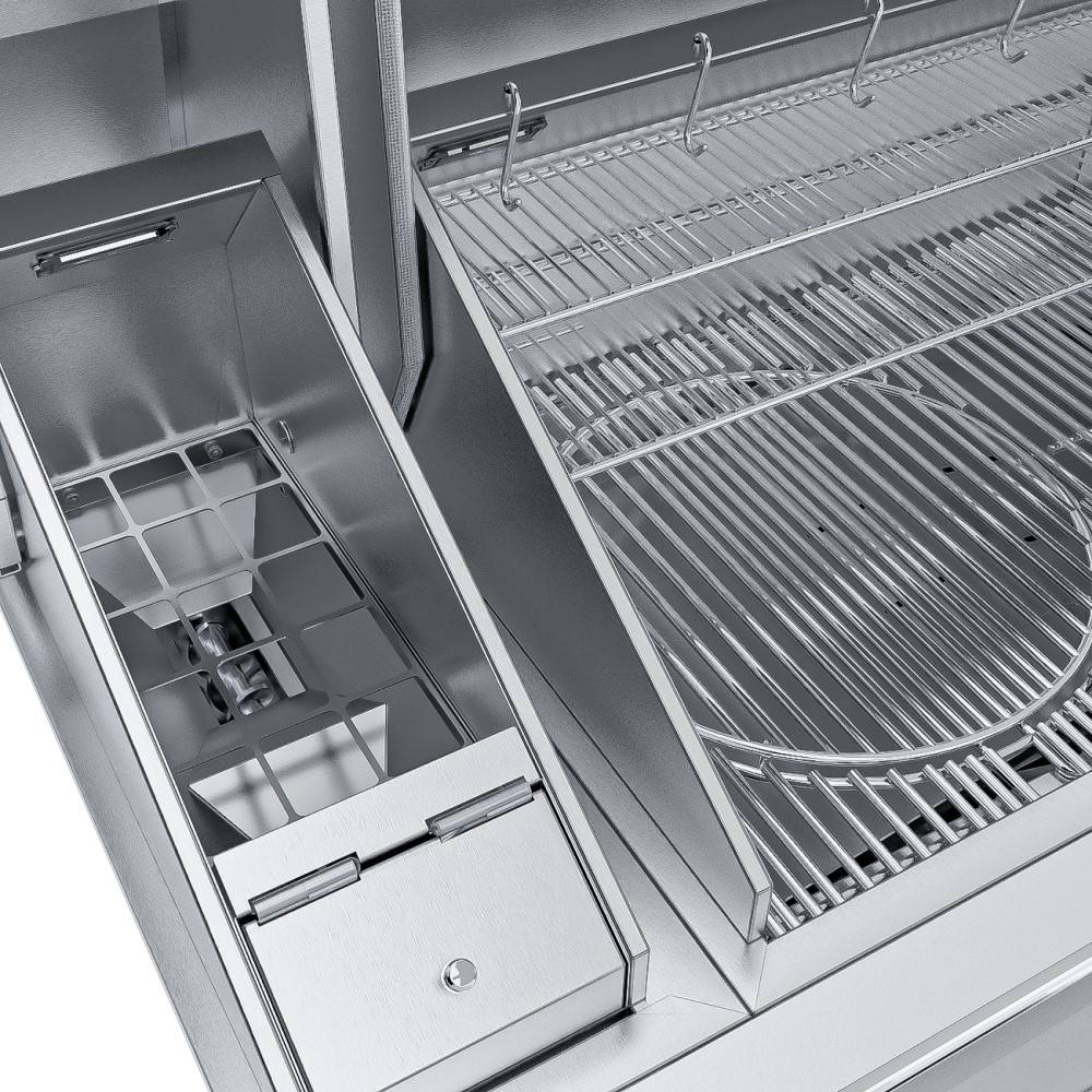 Close-up view of the Sunstone 40” Electric Pellet Built-In Grill w/Cold Smoker featuring its digital control panel and meat probe for precision cooking.