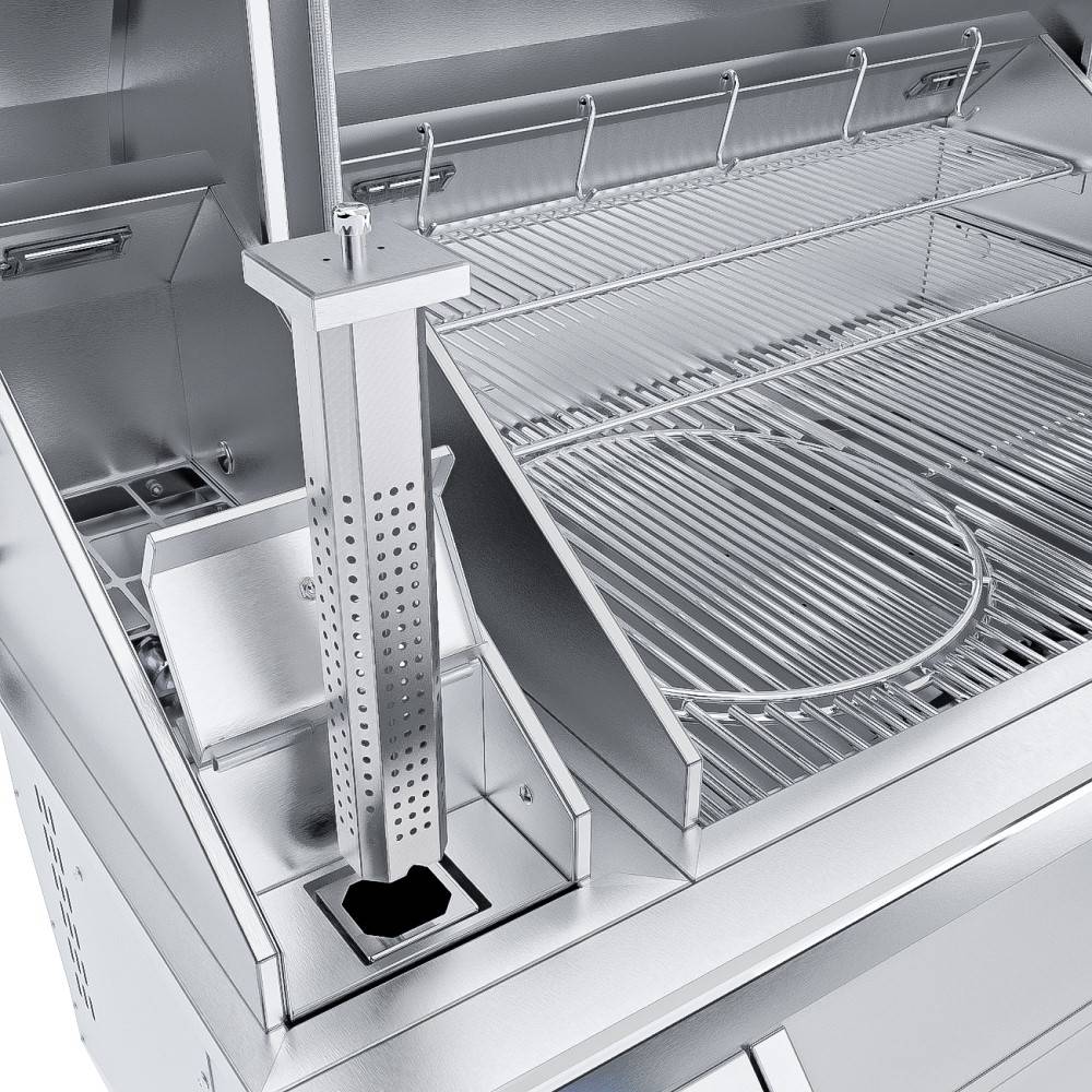 Image of the Sunstone 40” Electric Pellet Built-In Grill w/Cold Smoker demonstrating the adjustable flame broiler for high-heat searing.