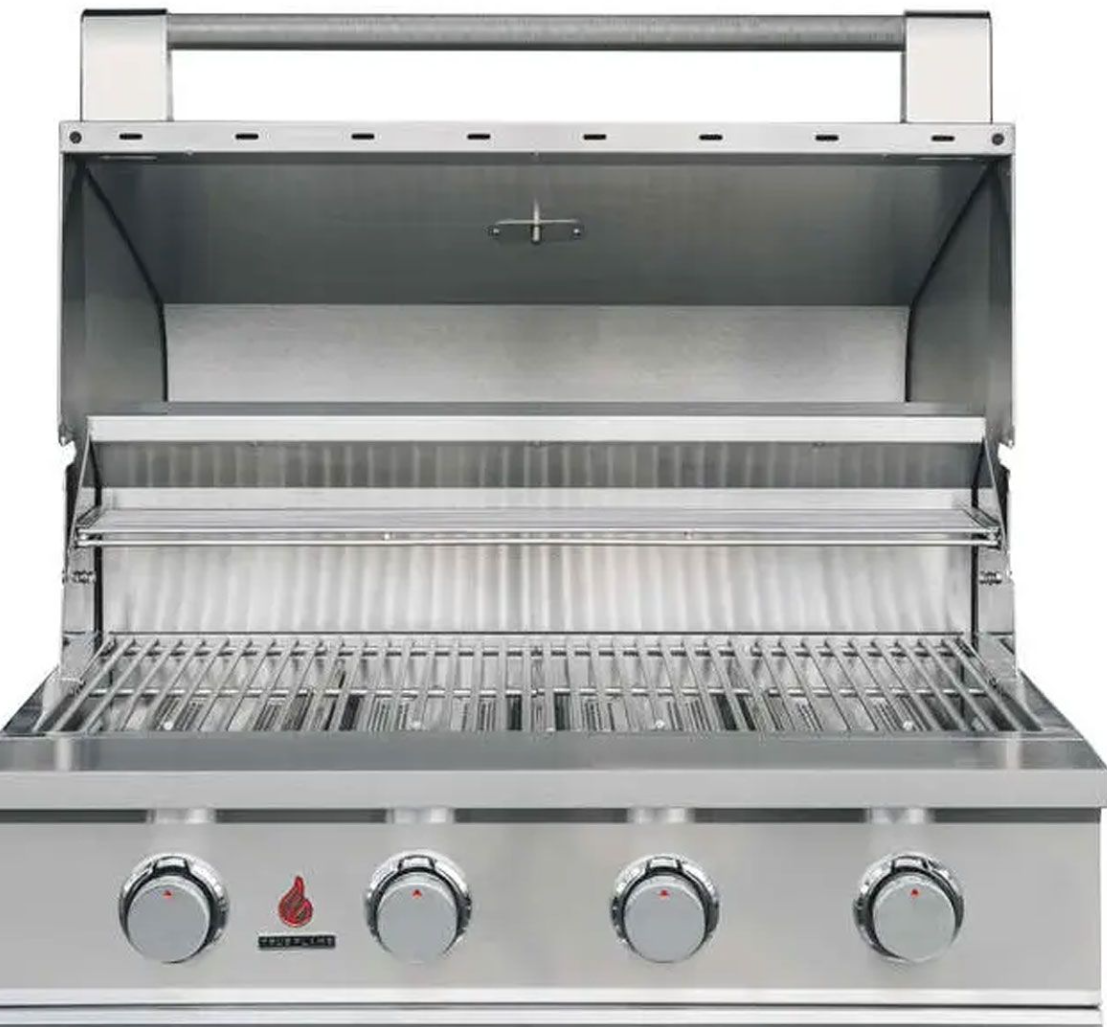 TrueFlame E Series 32-inch 4 Burner Gas Grill featuring premium stainless steel design, flame thrower ignition, and perfect heat distribution for outdoor cooking.