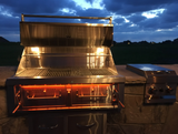 Sunstone 42″ Gas/Charcoal/Wood Grill displaying the integrated rotisserie system for outdoor culinary adventures.