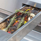 Stainless steel smoker tray filled with wood chips and herbs inside an Alfresco built-in gas grill