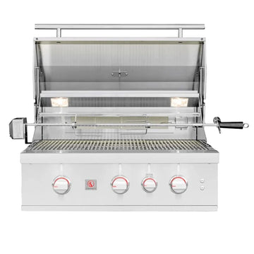 Summerset TRL Pro 32-inch 3-burner built-in gas grill with hood open showing rotisserie and interior lights, on white background