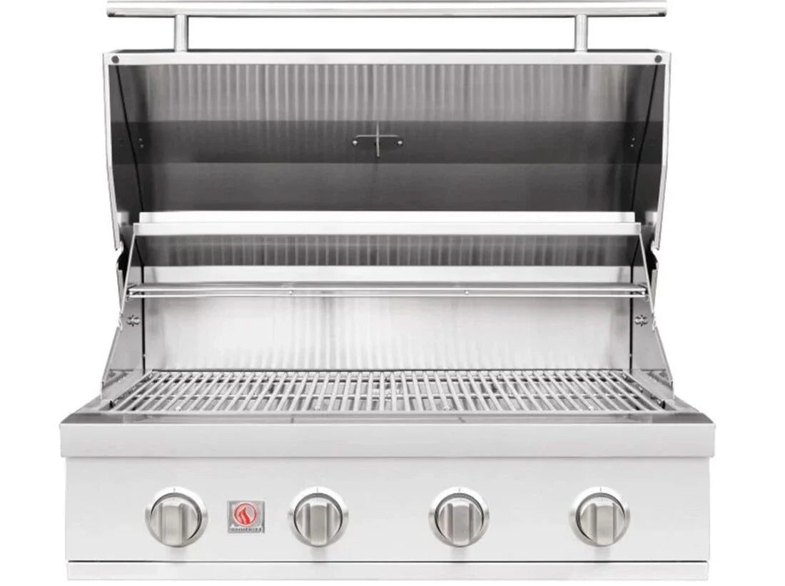 Summerset Sizzler 32-inch built-in gas grill with hood open showing cooking grates, on white background