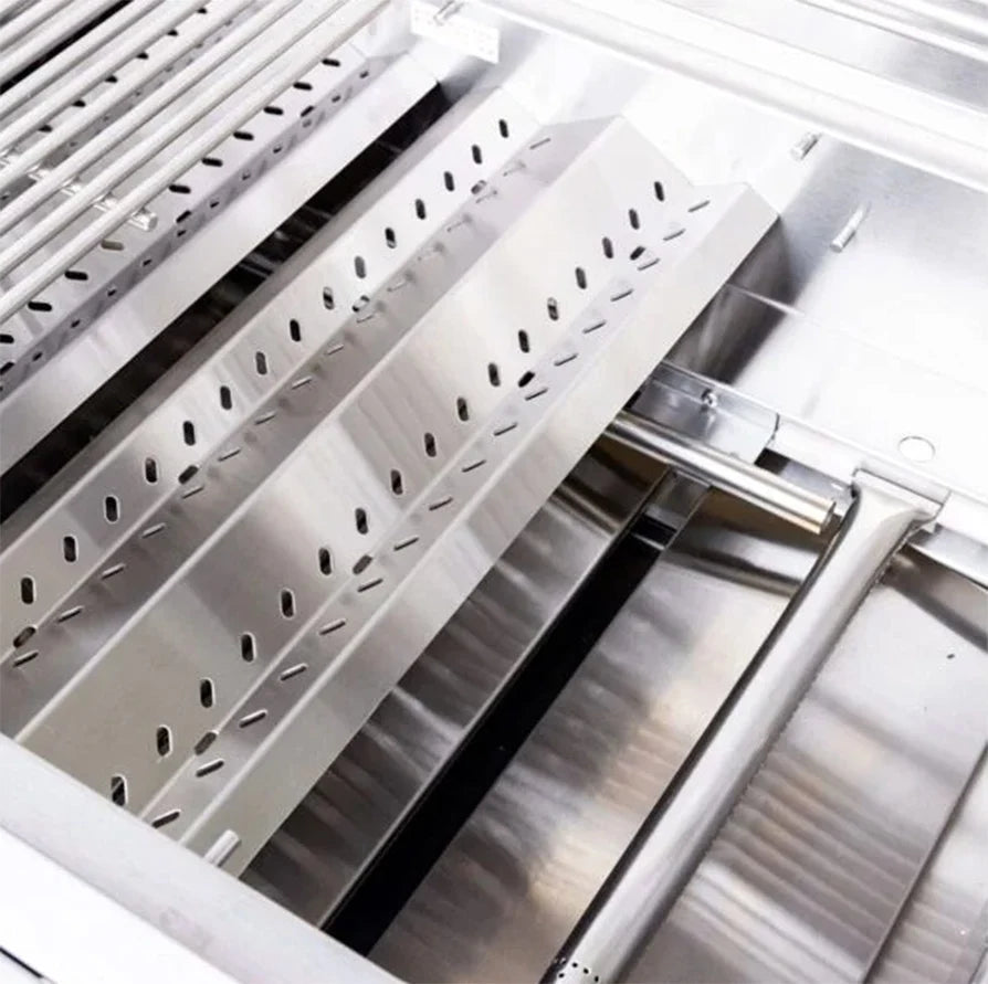 Close-up of a Summerset Sizzler 32-inch grill interior showing the stainless steel vented heat tents and flame tamers
