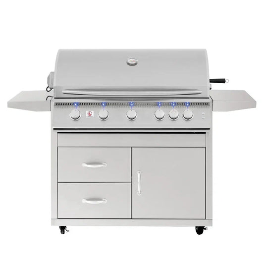 Summerset Sizzler Pro 40-inch 5-burner stainless steel freestanding gas grill on a cart with side shelves and closed lid, front view on white background