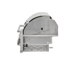 Side profile view of a stainless steel built-in grill firebox with the lid closed, showing the burner tray and ignition and gas wiring underneath, on a white background