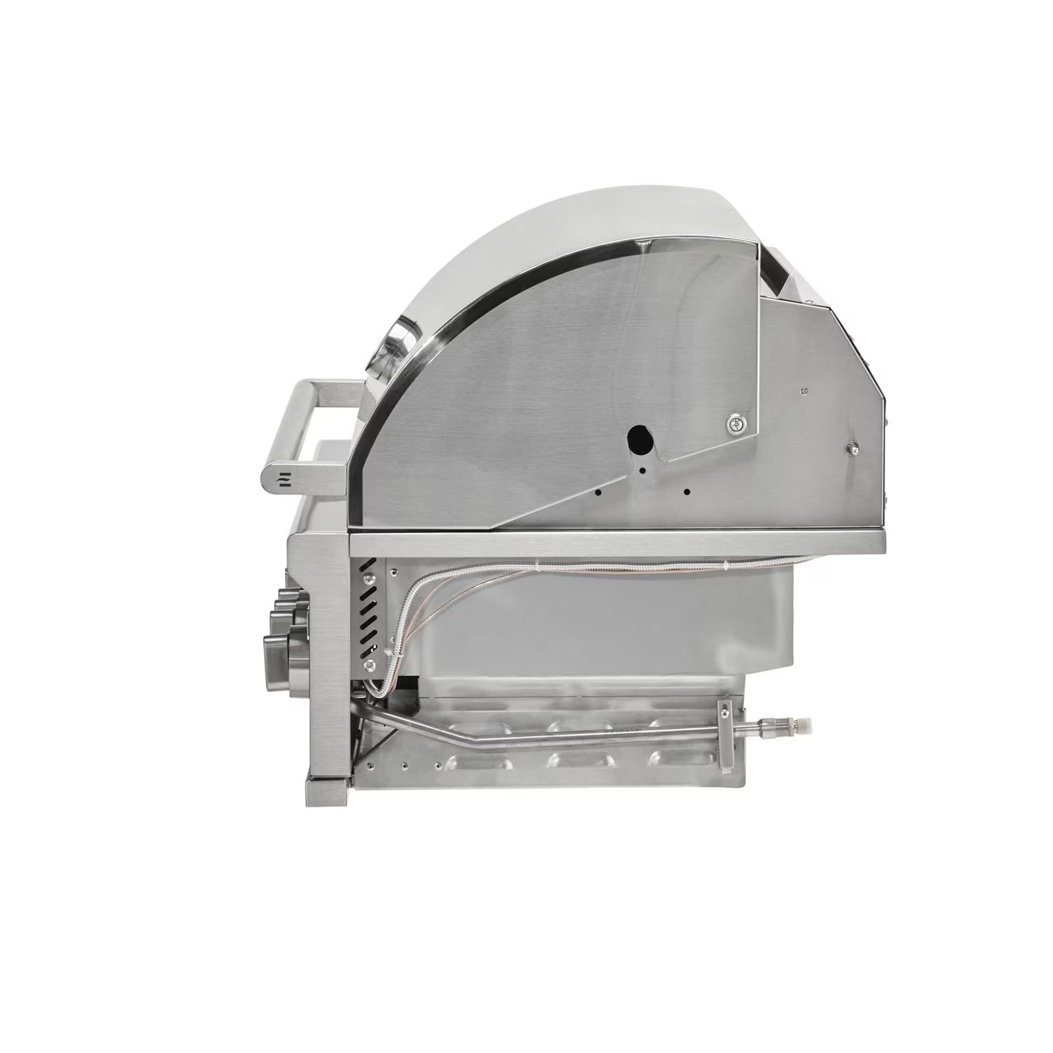 Side profile view of a stainless steel built-in grill firebox with the lid closed, showing the burner tray and ignition and gas wiring underneath, on a white background