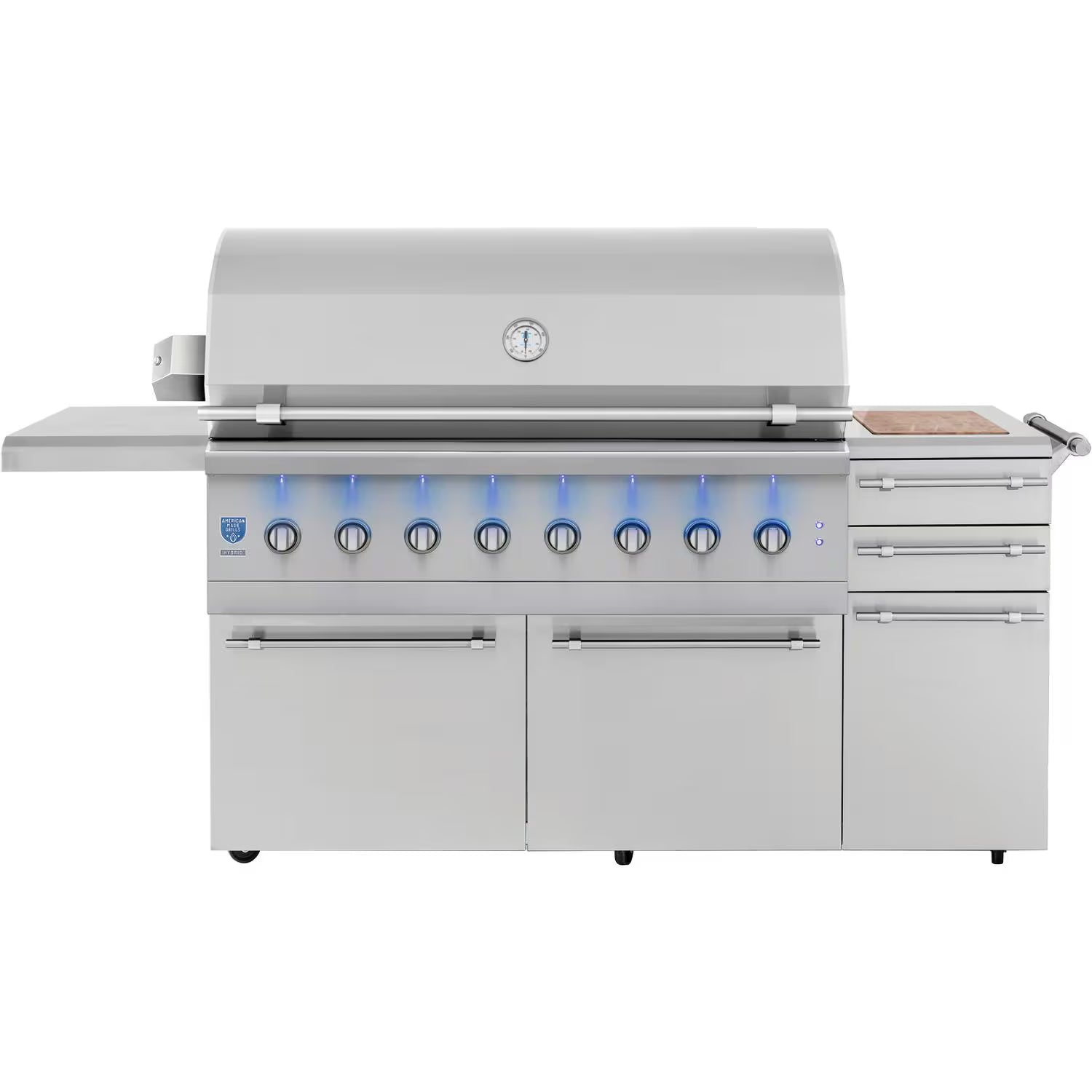 American Made Grills Encore 54-inch hybrid freestanding cart grill — hood closed with blue-lit control knobs