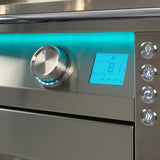 Close-up of a stainless steel grill control panel showing a teal backlit control knob, a blue digital temperature display, and a vertical row of round backlit function buttons including light and ignition icons