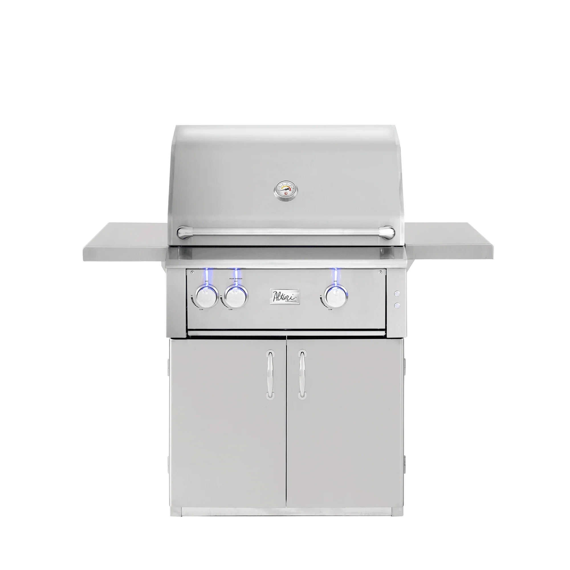 American Made Grills Alturi 30-inch freestanding cart gas grill on its stainless steel cart — alternate view