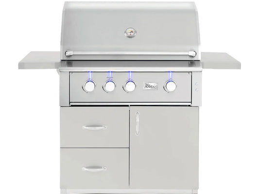 American Made Grills Alturi 36-inch freestanding cart gas grill on its stainless steel cart