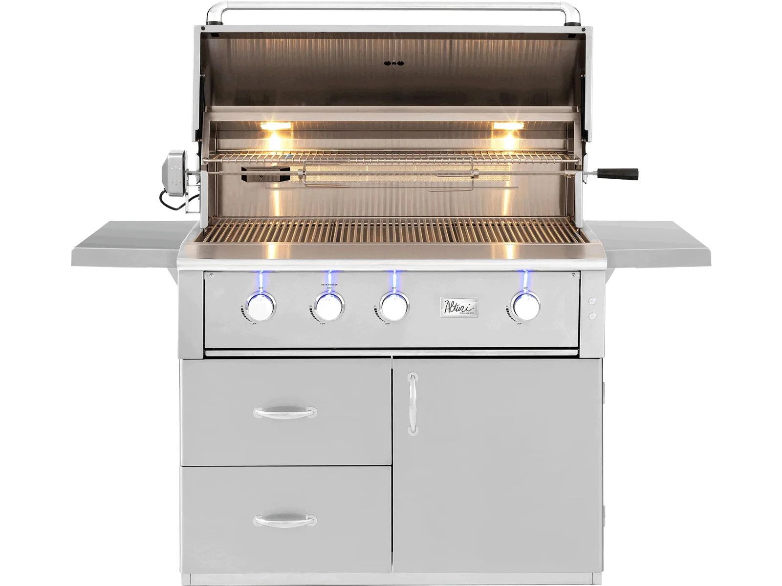 American Made Grills Alturi 42-inch freestanding cart gas grill on its stainless steel cart — alternate view