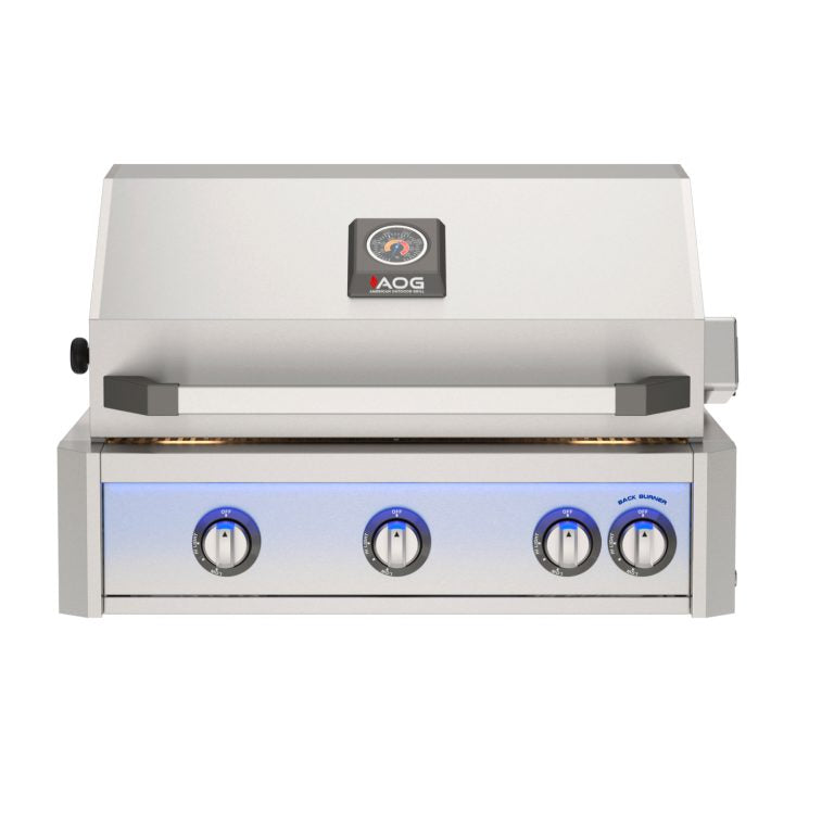 American Outdoor Grill (AOG) 30-inch L-Series built-in gas grill, front view with control knobs, on a white background
