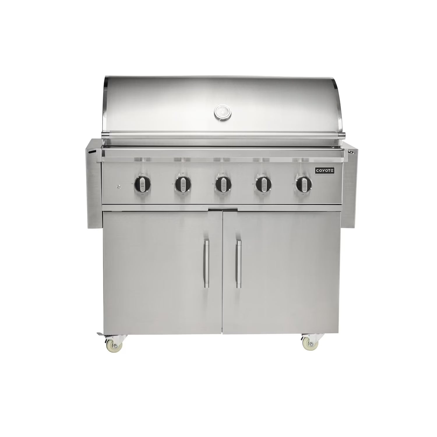 Coyote stainless steel 5-burner freestanding gas grill on a cart with closed lid, front view on white background