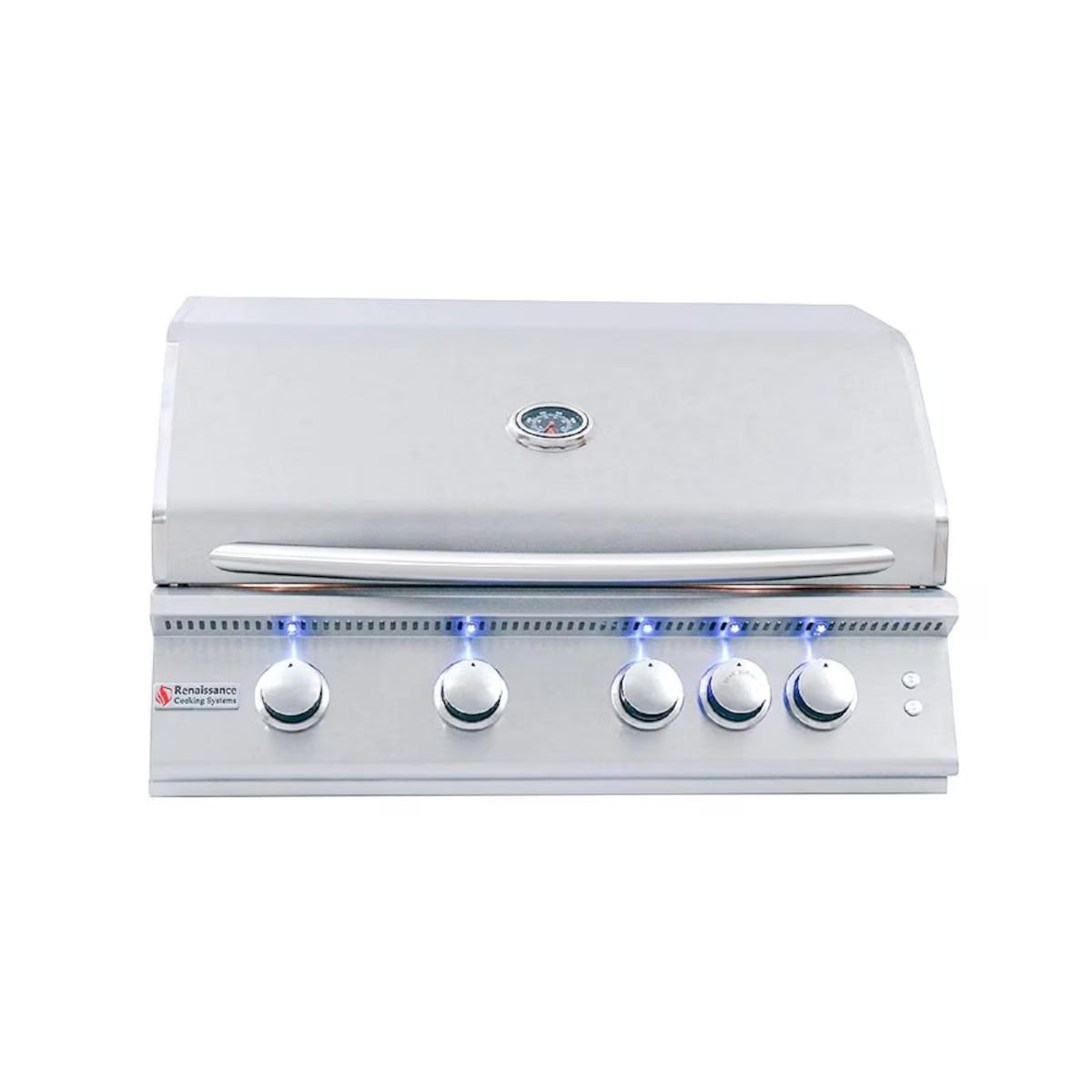 Front view of a built-in Renaissance Cooking Systems stainless steel grill with the lid closed, showing the temperature gauge, handle, five control knobs with blue LED-lit rings and the RCS logo, on a white background