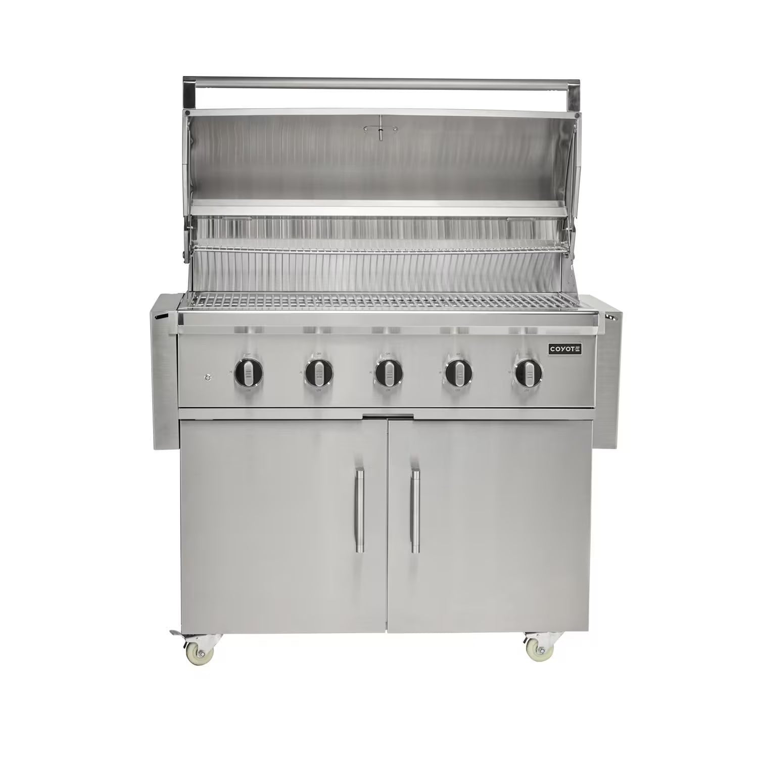 Coyote stainless steel 5-burner freestanding gas grill on a cart with open lid, front view on white background
