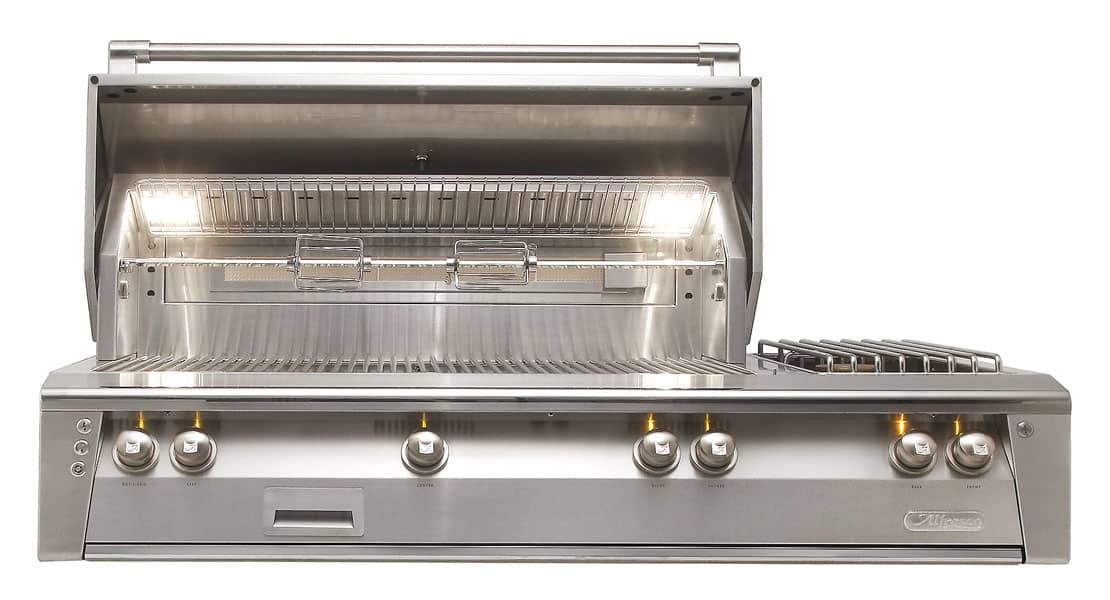 Alfresco built-in gas grill with the hood open showing the rotisserie, interior lights and an integrated side burner, on white background
