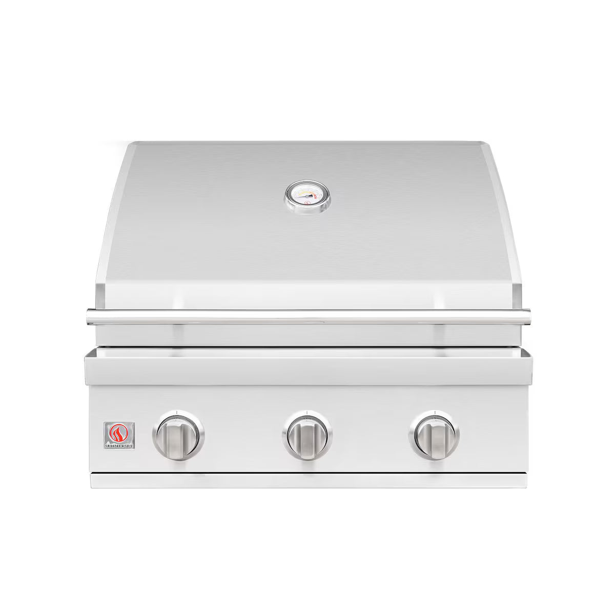 Summerset Sizzler stainless steel 3-burner built-in gas grill with closed lid and temperature gauge, front view on white background