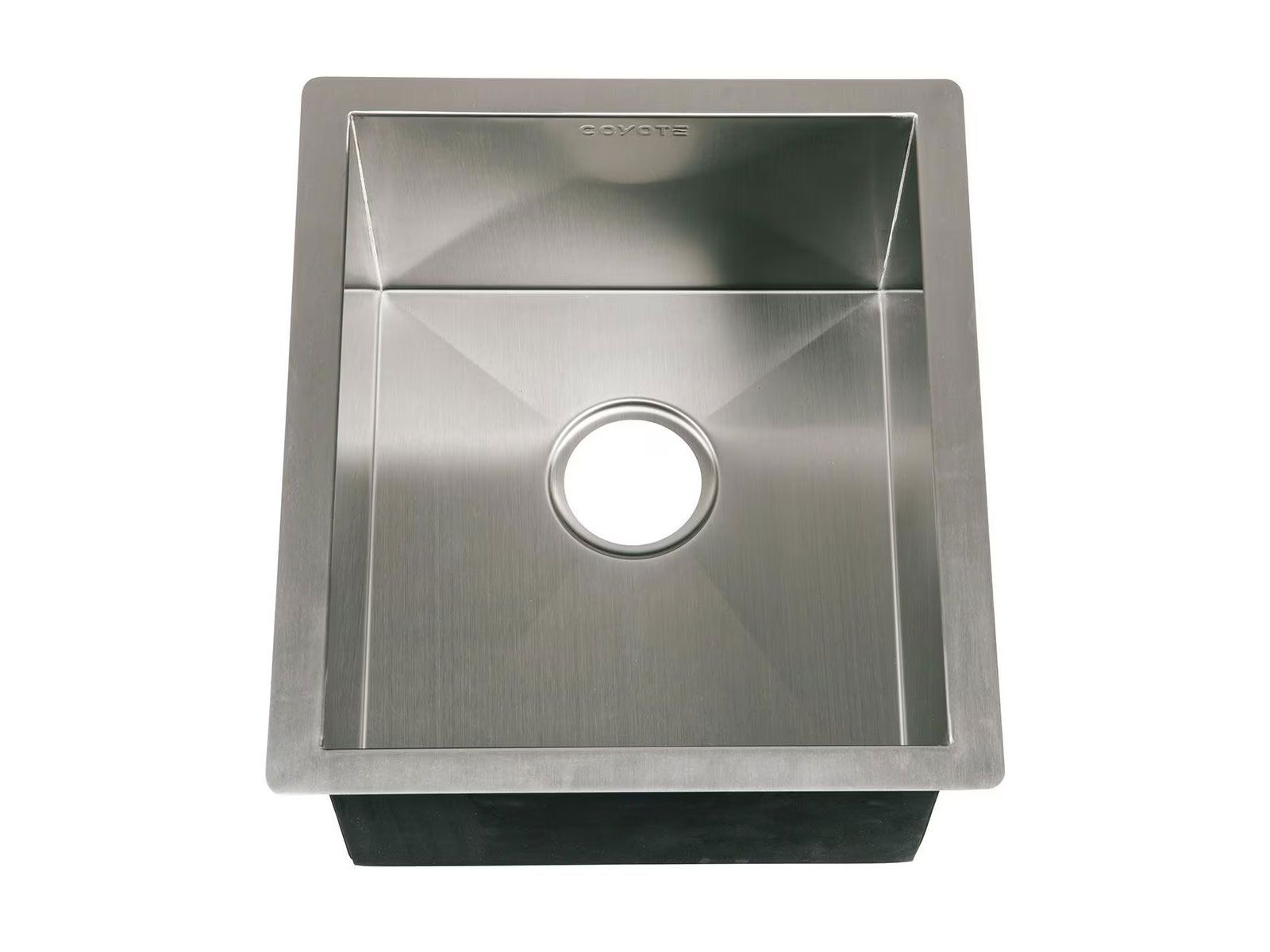 A single-bowl stainless steel Coyote outdoor kitchen sink shown from above, with a center drain opening and the Coyote logo etched on the back wall of the basin, against a white background