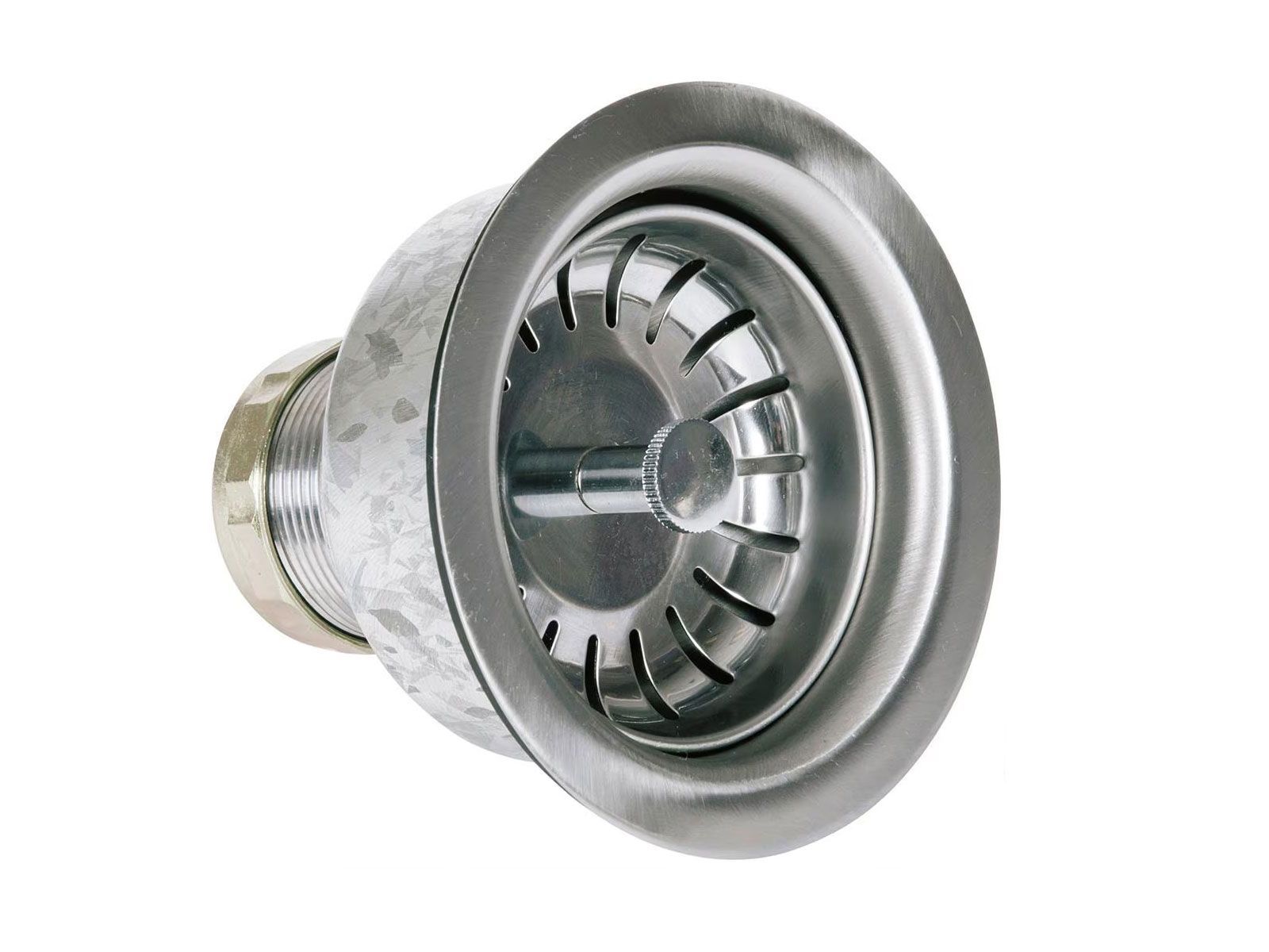 A close-up of an assembled stainless steel sink basket strainer drain with a threaded tailpiece, shown at an angle against a white background