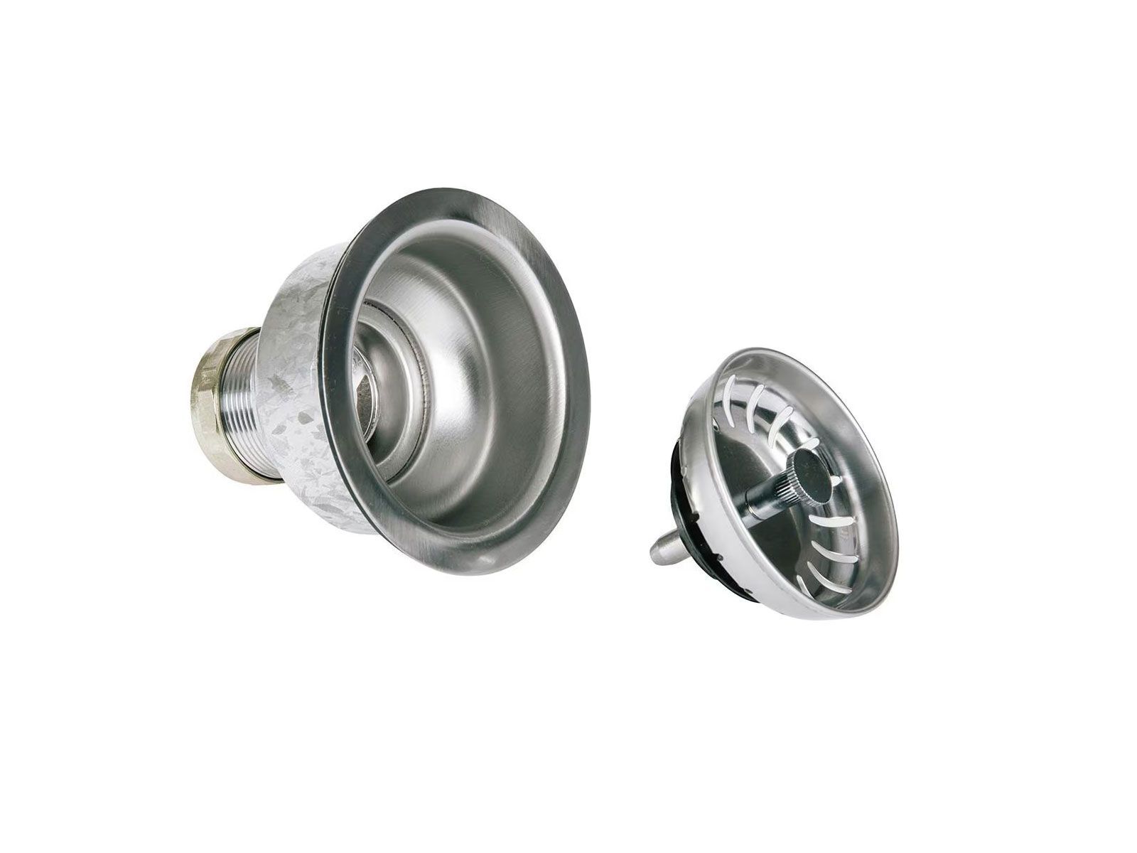 A close-up of a stainless steel sink drain assembly, with the threaded drain body on the left and the removable basket strainer stopper on the right, shown against a white background