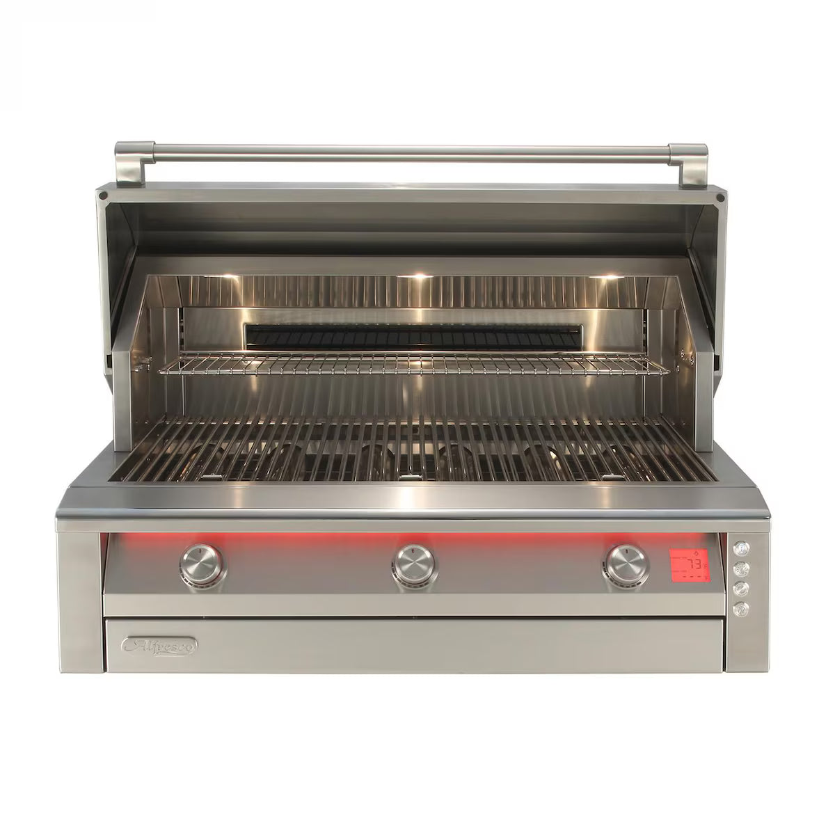 Front view of a built-in stainless steel gas grill with the lid open, showing the cooking grates, warming rack, three red-backlit control knobs and a red digital display, on a white background