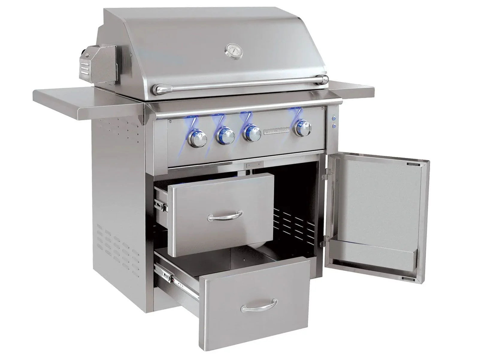 American Made Grills Alturi 36-inch freestanding cart gas grill on its stainless steel cart — alternate view