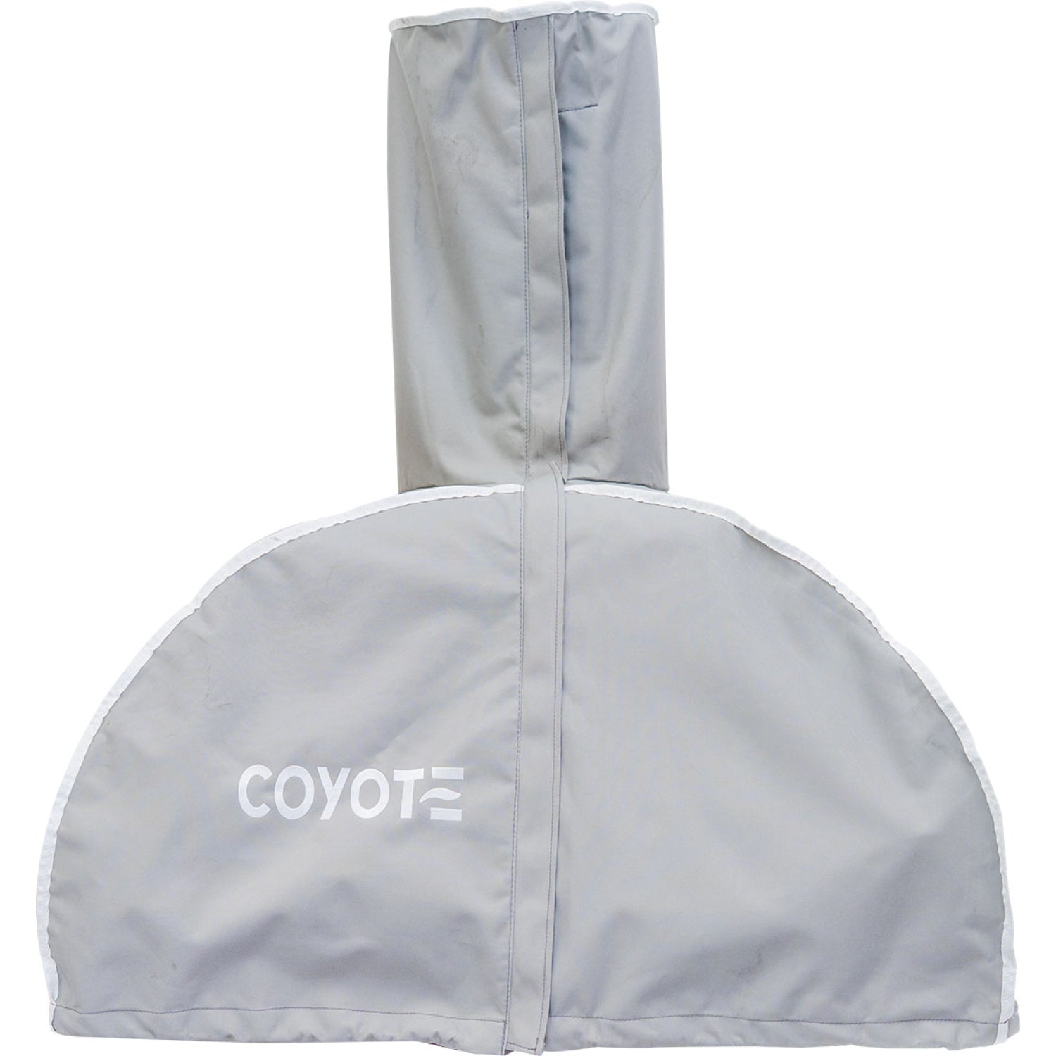 Coyote gray outdoor grill and smoker cover with white logo on white backgrounds