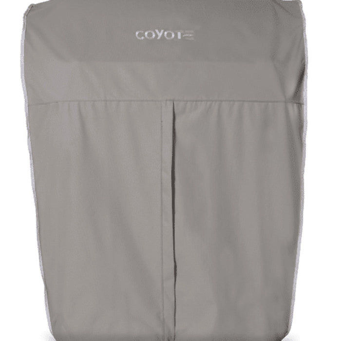 A gray Coyote grill cover for a 34-inch grill on a cart, shown front-on standing upright with a center seam and the embroidered Coyote logo near the top, against a white background