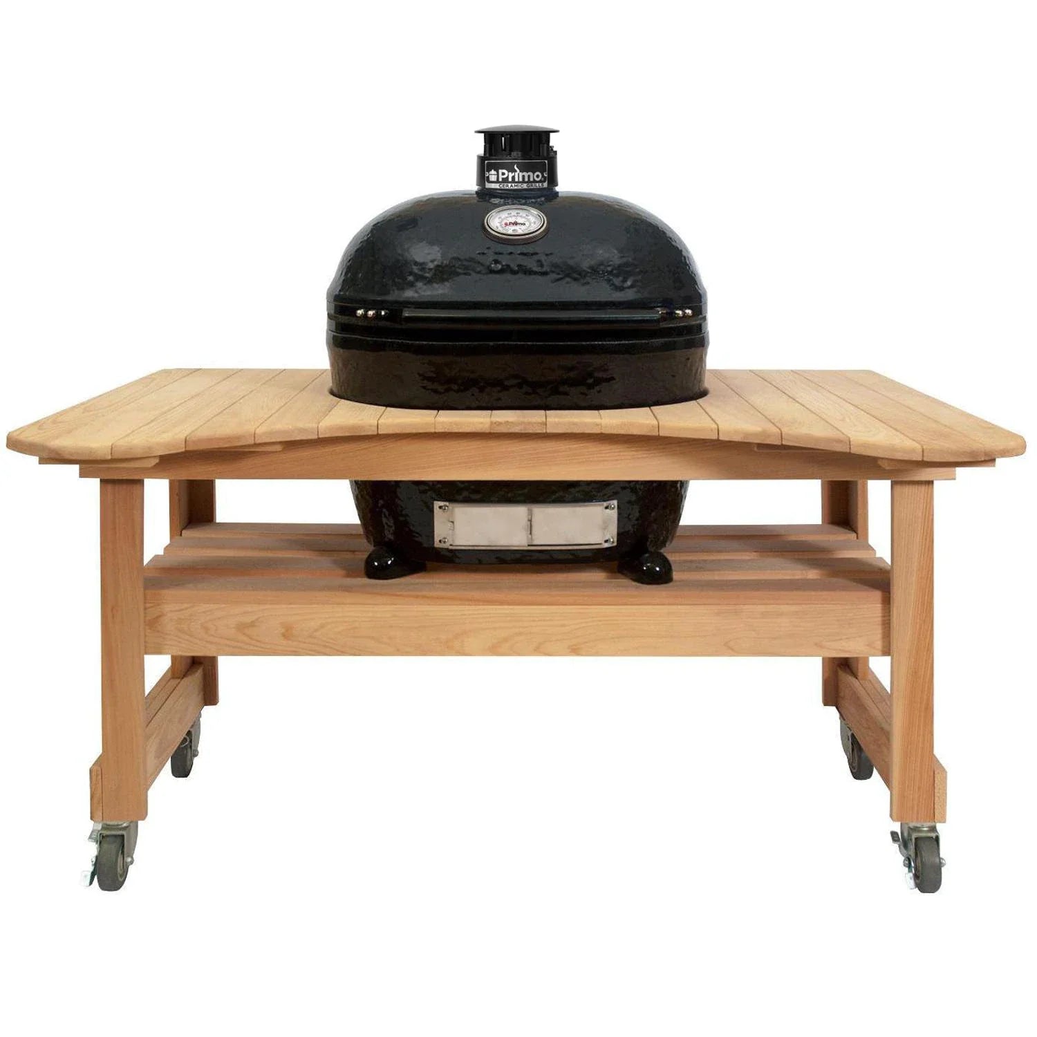 Primo cypress wood grill table for Oval X-Large ceramic charcoal grill, built-in style outdoor setup