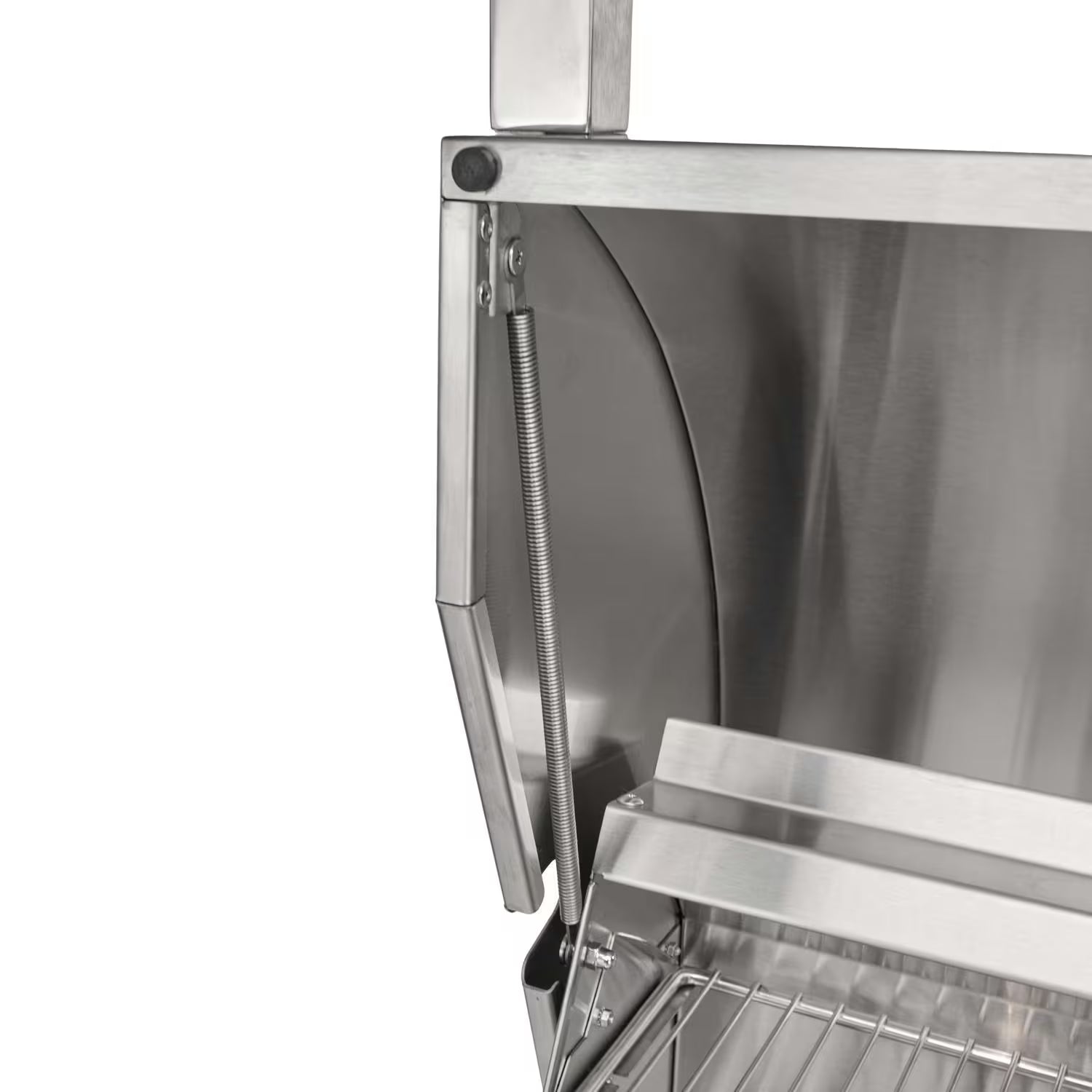 Close-up of a stainless steel grill lid hinge with spring-assist mechanism on white background