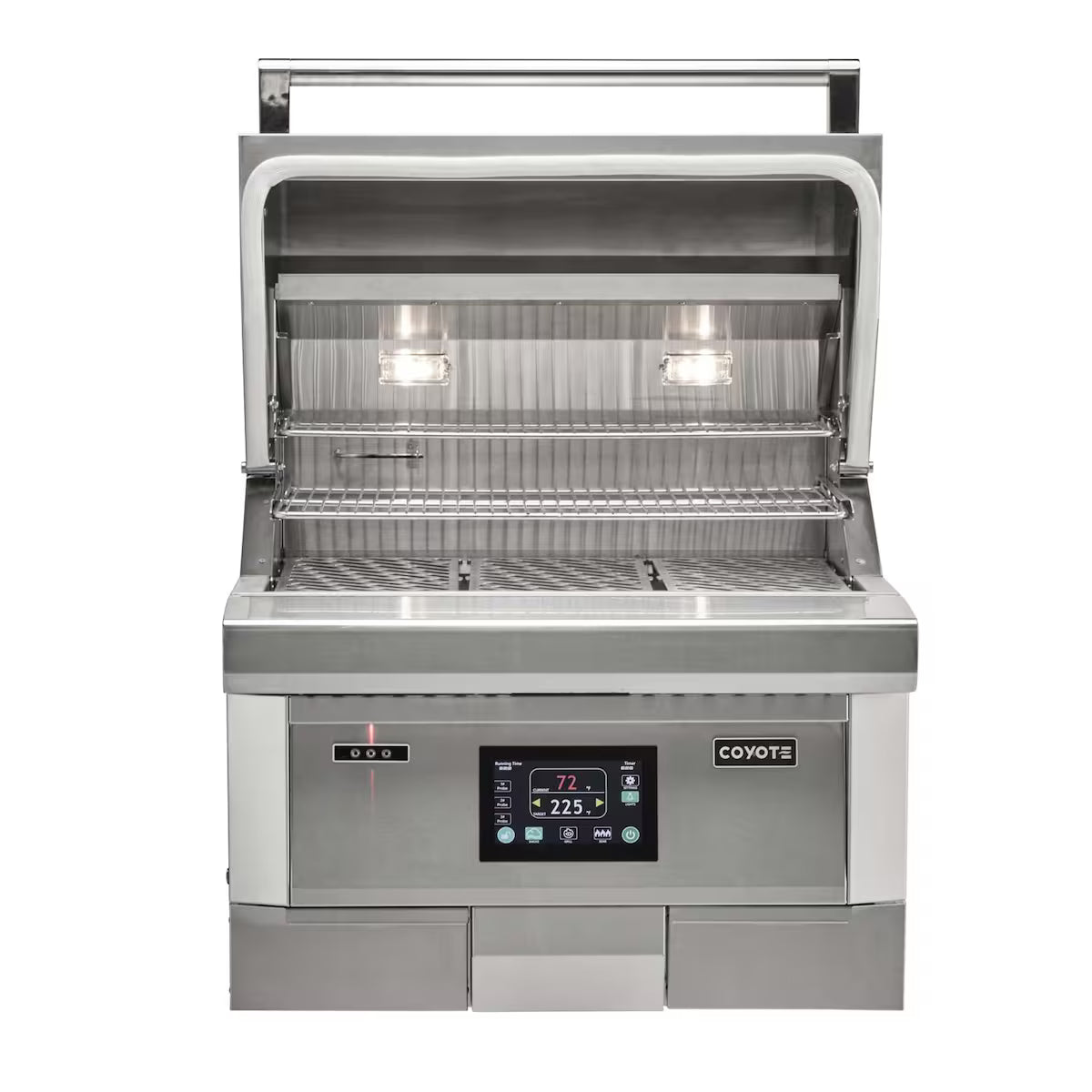 Front view of a built-in Coyote stainless steel pellet grill with the lid open, showing illuminated interior lights, the warming rack and cooking grates, and a digital control panel with the Coyote badge displaying a temperature reading, on a white background