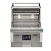 Front view of a built-in Coyote stainless steel pellet grill with the lid open, showing illuminated interior lights, the warming rack and cooking grates, and a digital control panel with the Coyote badge displaying a temperature reading, on a white background