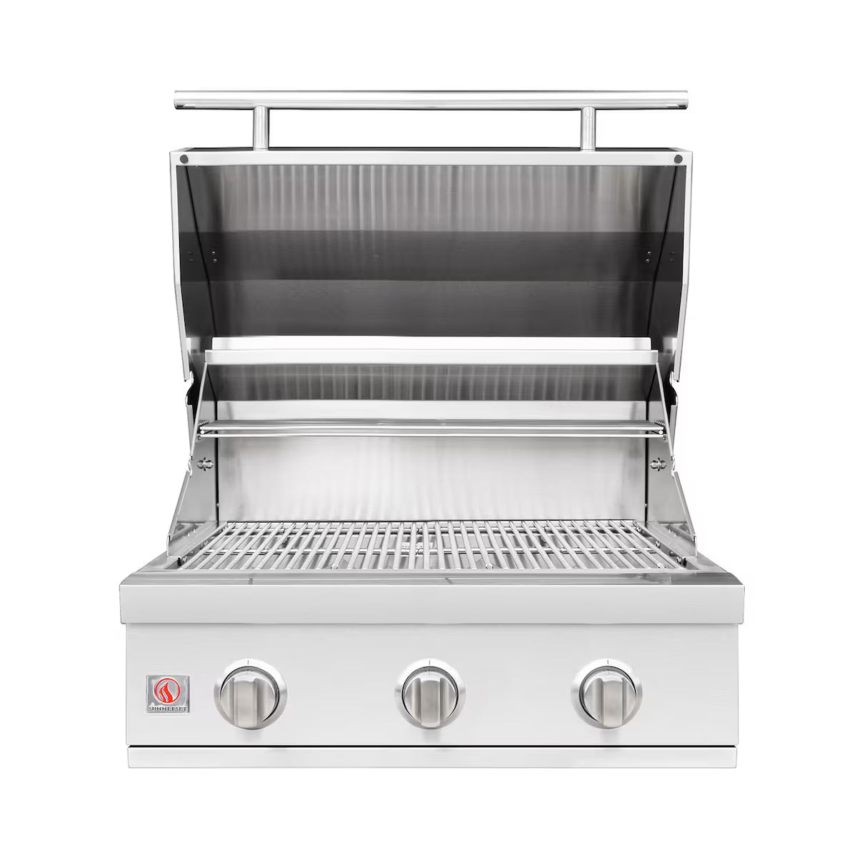 Summerset Sizzler stainless steel 3-burner built-in gas grill with open lid showing the cooking grates and warming rack on white background
