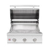 Summerset Sizzler stainless steel 3-burner built-in gas grill with open lid showing the cooking grates and warming rack on white background