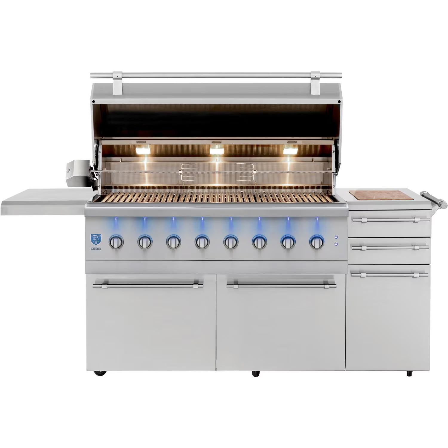 American Made Grills Encore 54-inch hybrid freestanding cart grill — hood open with interior lights on over the grates
